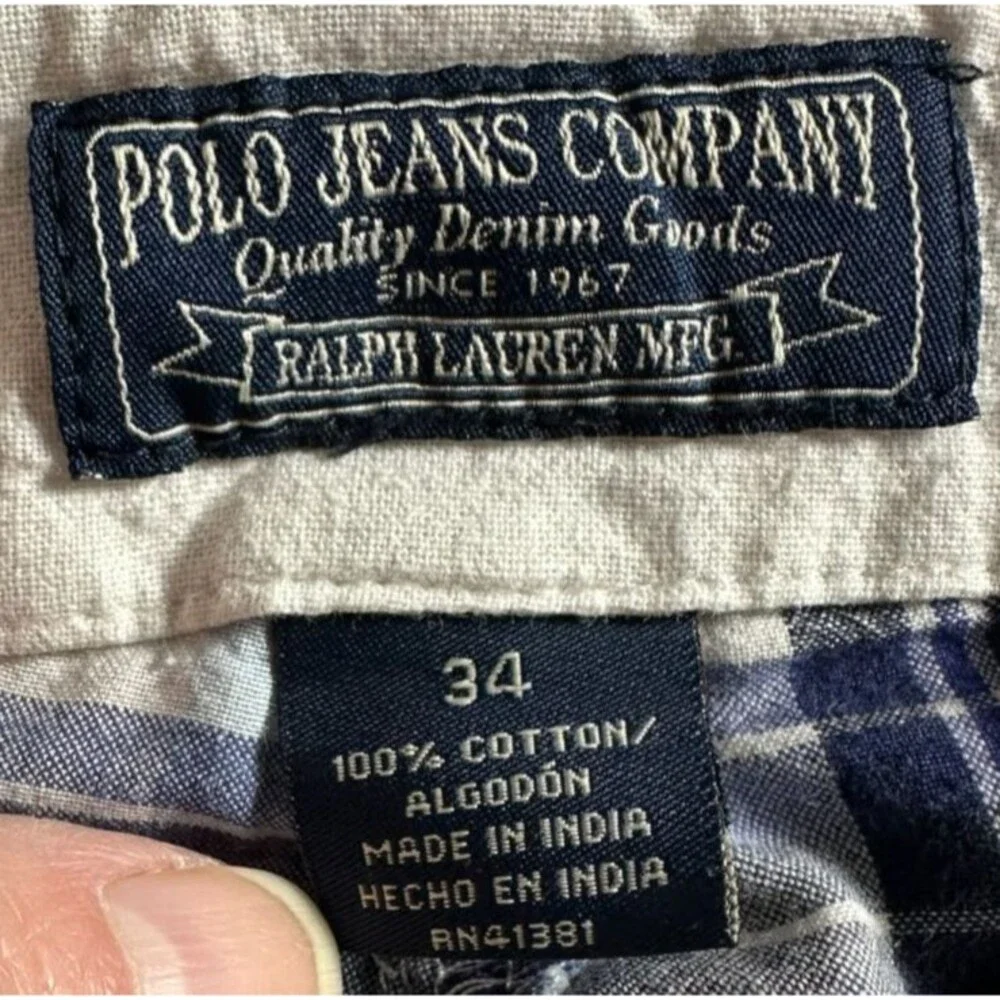 Vintage Polo Jeans Ralph Lauren Plaid Shorts Men's 34 Blue White 100% Cotton
